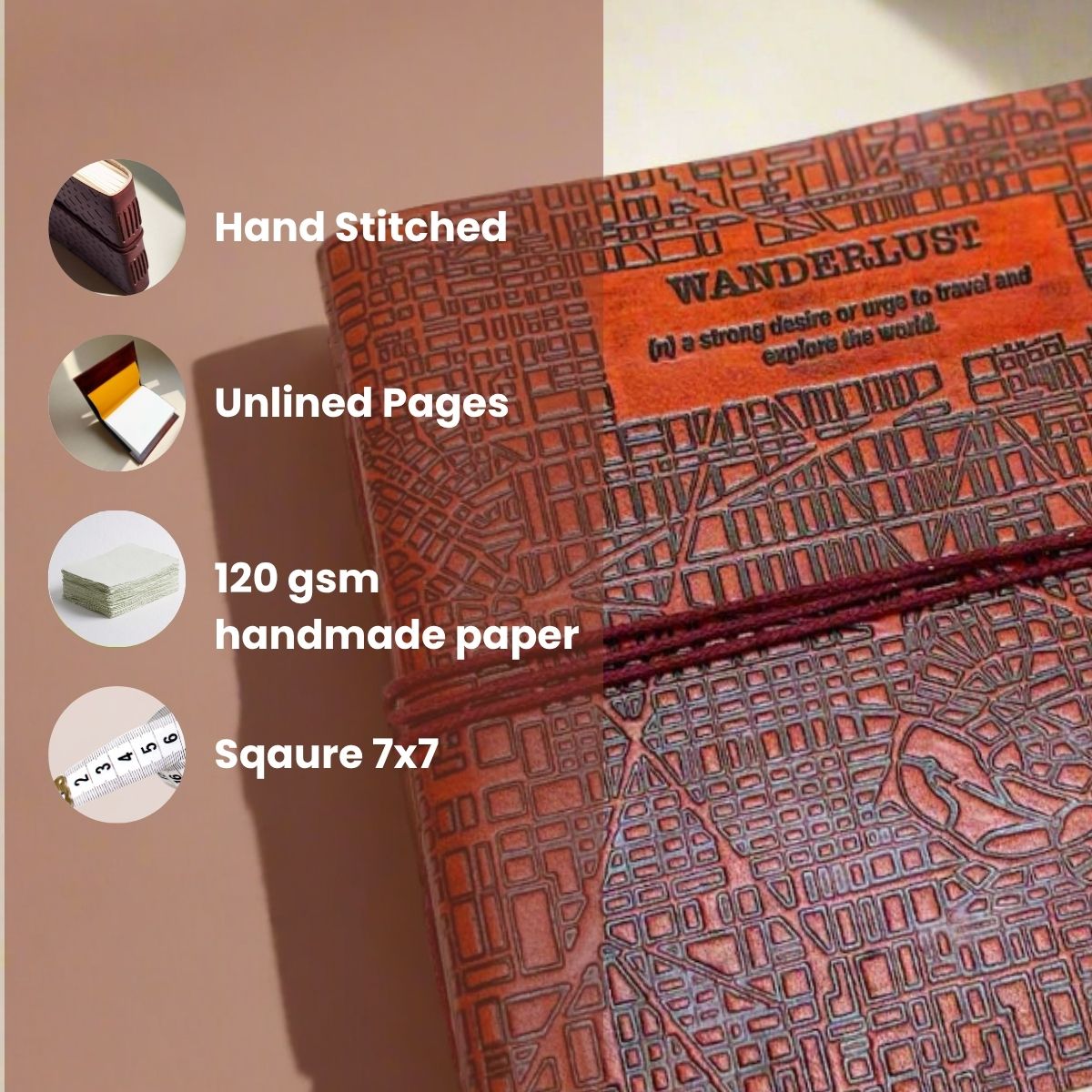 Leather journal with “Wanderlust” engraving – travel-inspired, handcrafted notebook for writing, sketching, and adventure journaling