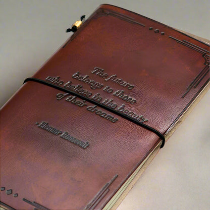 Minimalist leather notebook with embossed mantra – ethically made, ideal for personal growth and inner peace