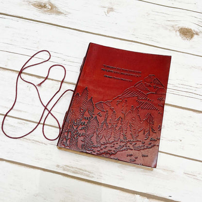 Illustrated leather notebook with mountains and trees embossing – eco-conscious journal for nature lovers, adventurers, and travelers