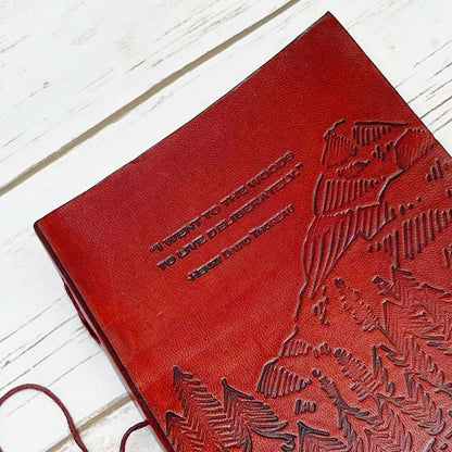 Illustrated leather notebook with mountains and trees embossing – eco-conscious journal for nature lovers, adventurers, and travelers