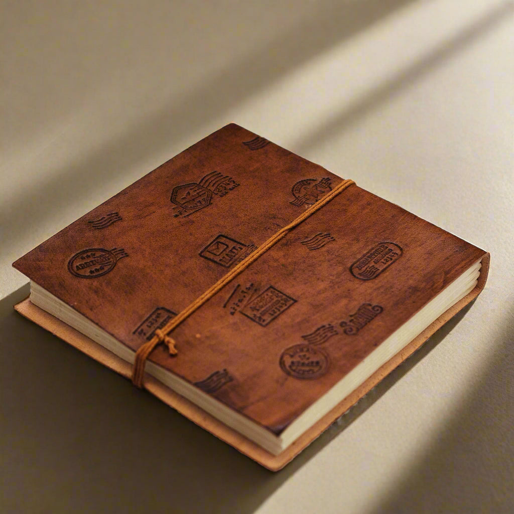Leather journal with “Wanderlust” engraving – travel-inspired, handcrafted notebook for writing, sketching, and adventure journaling