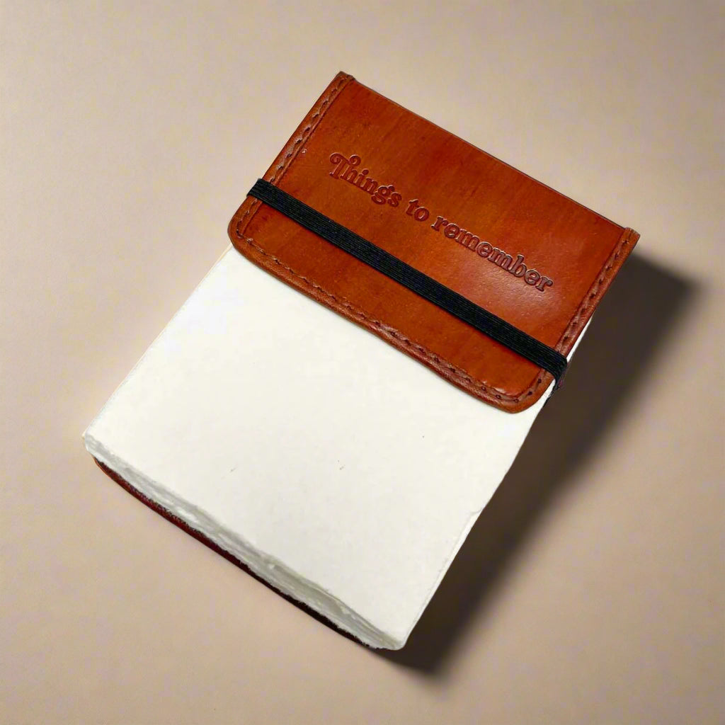 Brown Flap refillable leather notepad with "Things to remember" quote – compact and eco-friendly notebook for note-taking, recipes, grocery lists, and daily planning