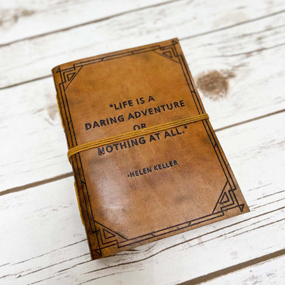 Eco-friendly leather journal with Helen Keller's Quote "A Daring Adventure" – handcrafted notebook for travel stories