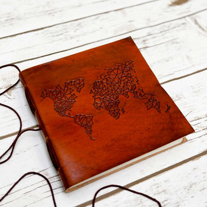 Adventure-ready leather journal – world map embossing for documenting memories from every corner of the globe