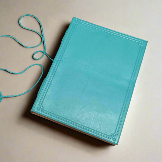 Light Blue 6x8 Leather Journal - Art Deco Border & Lined Tree-Free Paper