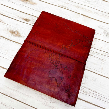 Vintage-style world map in extra large leather journal – ideal gift for travelers, writers, and geography lovers