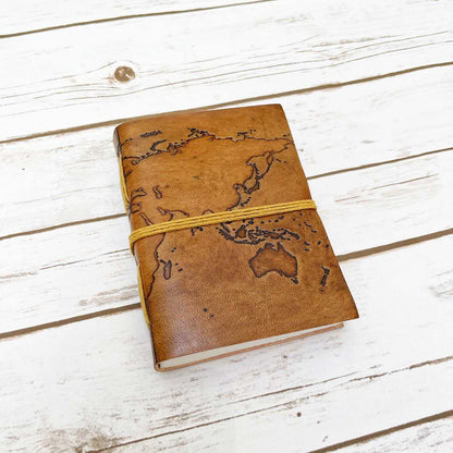 Vintage-style world map leather journal – ideal gift for travelers, writers, and geography lovers