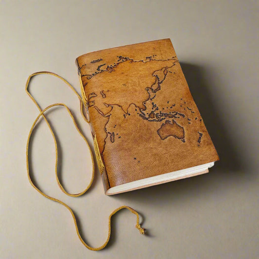 Vintage-style world map leather journal – ideal gift for travelers, writers, and geography lovers