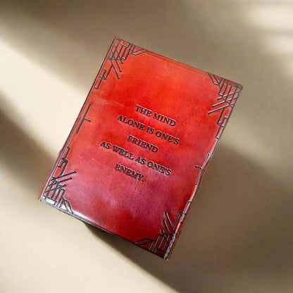 Leather journal embossed with motivational quote – handcrafted notebook for self-discovery, intention setting, or daily reflections
