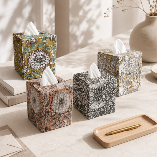 Artisan block-print pattern fabric tissue box cover on a modern workspace desk setup.