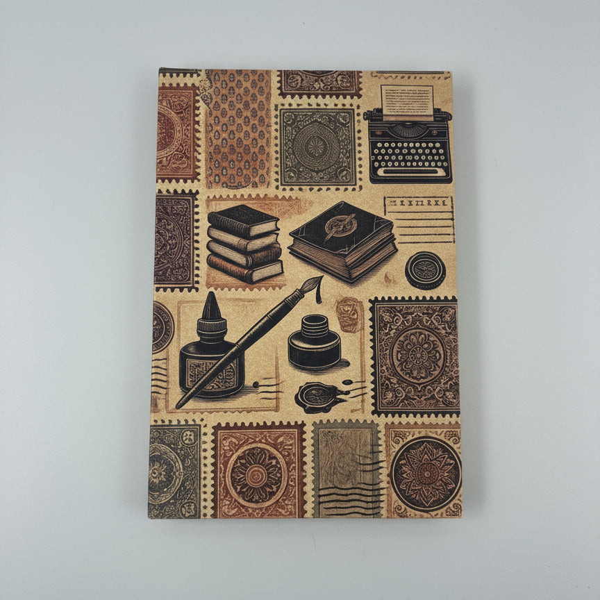 Close-up of the Grand Trunk Notebook cover showing ink pots and literary symbols