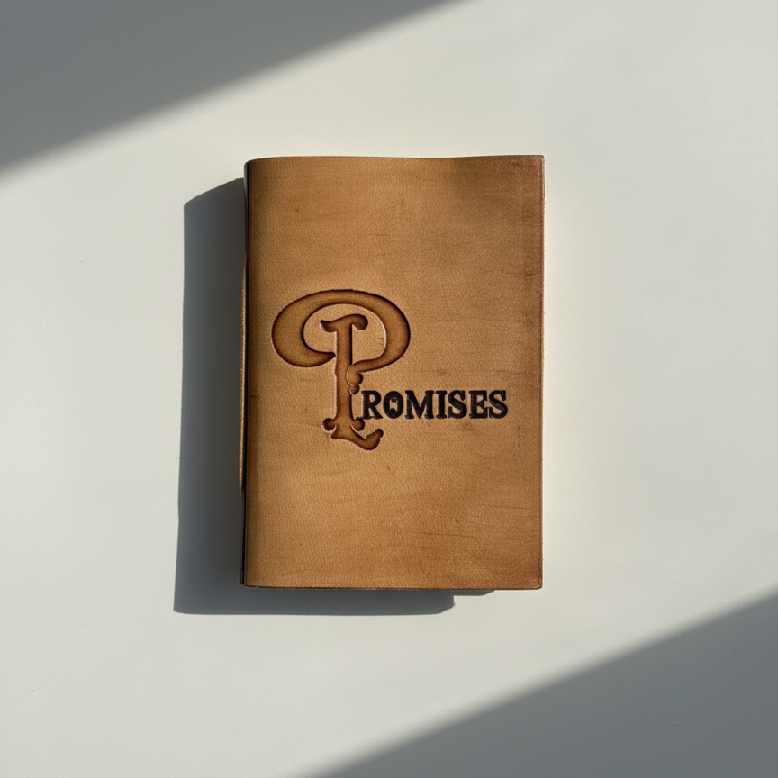 Brown leather notebook with 'Promises' engraved on a light background