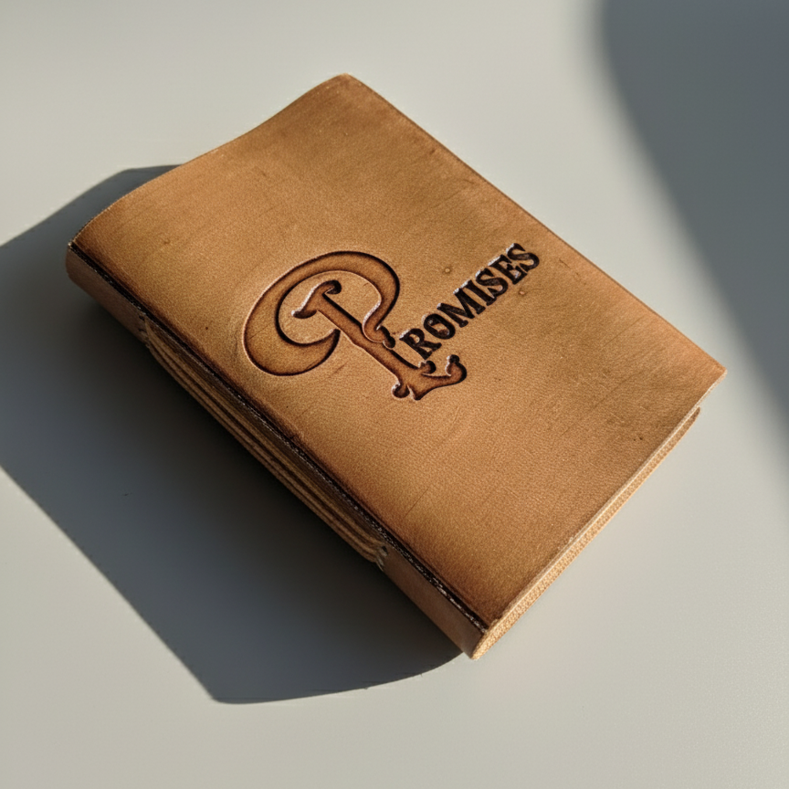 Brown leather wallet with embossed logo on a light gray background