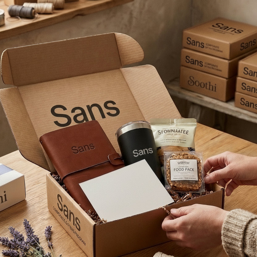 Person unpacking a 'Sans' branded box filled with various items on a wooden table.
