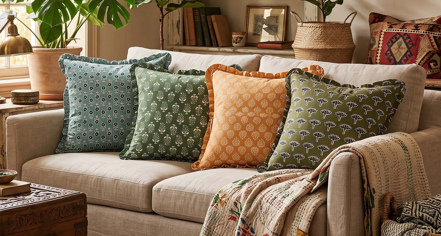 Artisan Block Print Pillow Cover - 20x20 Ruffled Cotton Throw Cushion Case