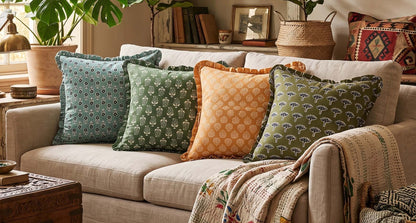 Artisan Block Print Pillow Cover - 20x20 Ruffled Cotton Throw Cushion Case