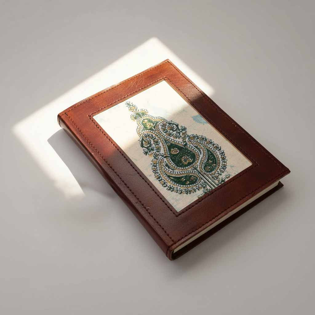 Flat lay of a 5x7 block print cotton notebook