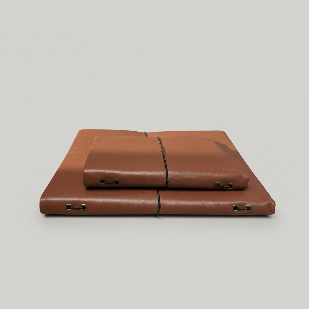 Two brown leather cases on a white surface with a blurred outdoor background