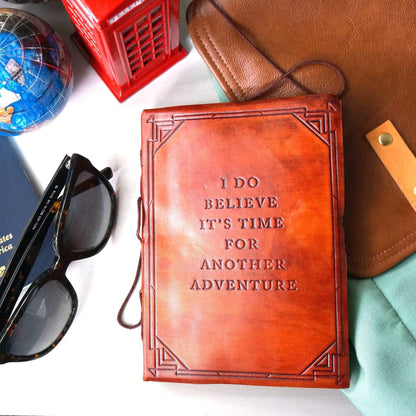 Artisan leather notebook with quote “Another Adventure” – made for explorers, travelers and goal setters