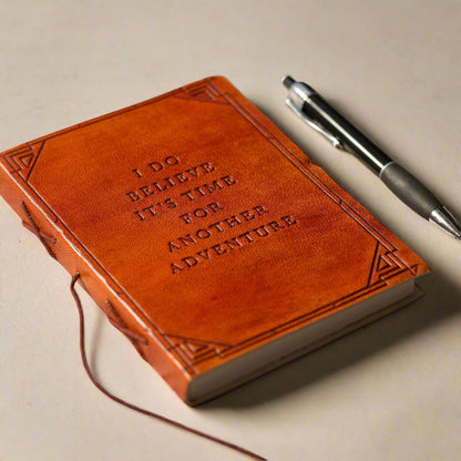 Artisan leather notebook with quote “Another Adventure” – made for explorers, travelers and goal setters