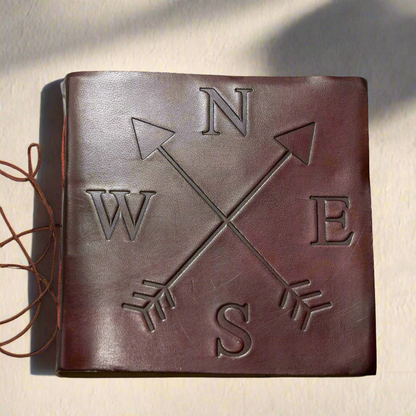 Leather journal embossed with compass – handcrafted travel-inspired journal for adventurers, writers, and seekers of direction