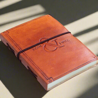 Soothi brown leather journal with the embossed quote 'I Can & I Will' on the cover - perfect for journaling, reflection, and manifesting